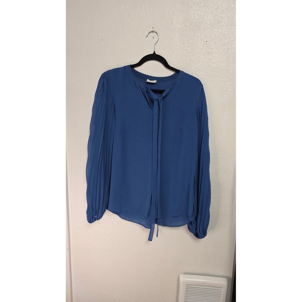 Akris Pleated Sleeve Tie Neck Blouse Womens 6 Blue Excellent